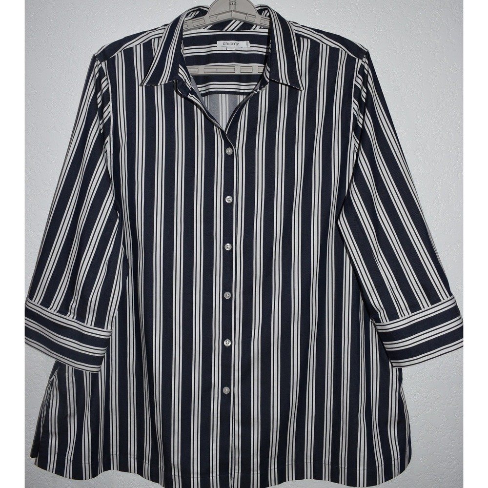 Chicos 3.5/18 Striped Button Down Shirt 3/4 Sleeve Comfortable Cotton Stretch 2X